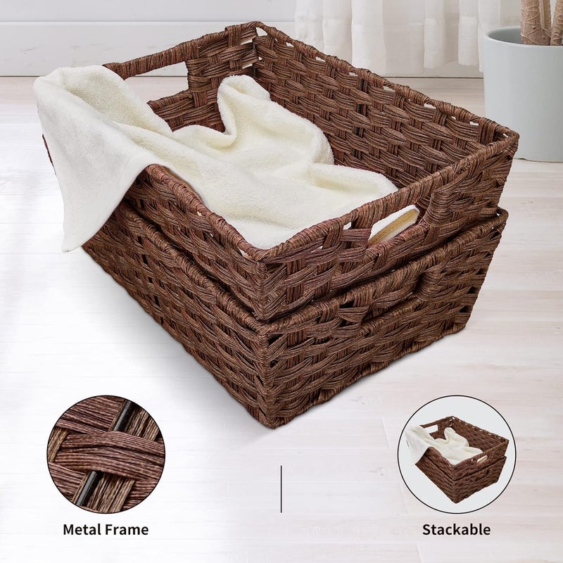 onlytak Large Wicker Storage Basket, Metal Frame, Set of 2, Washable Waterproof, 15" x 10.3" x 5.2", Brown Color, Woven Basket for Pantry, Toilet, Bathroom, Bedroom, Patio - Image 5